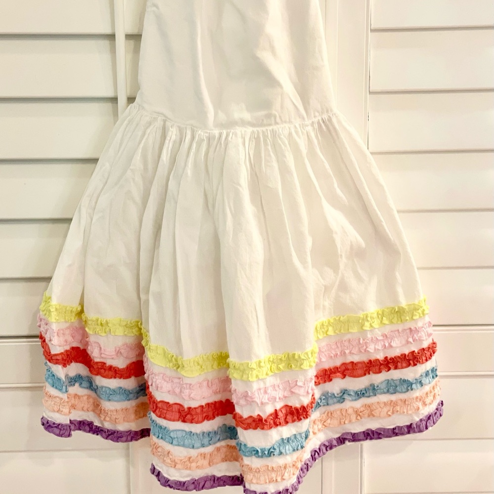 Mini Boden Cross-back dress in white rainbow. Size 8-9.